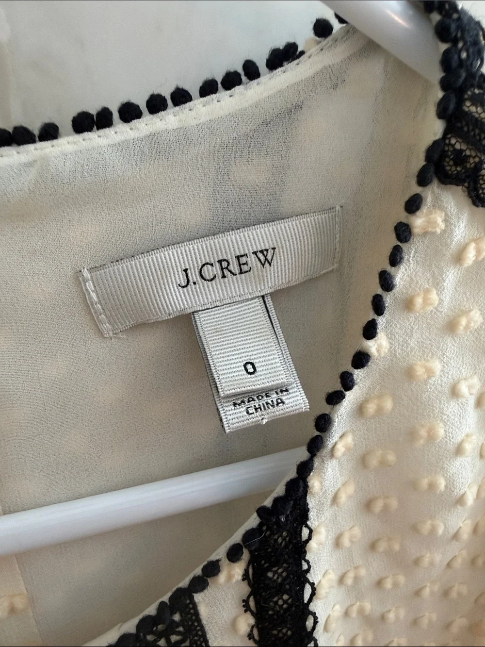 J. Crew Cream Swiss Dot Blouse with Black Lace Stripes